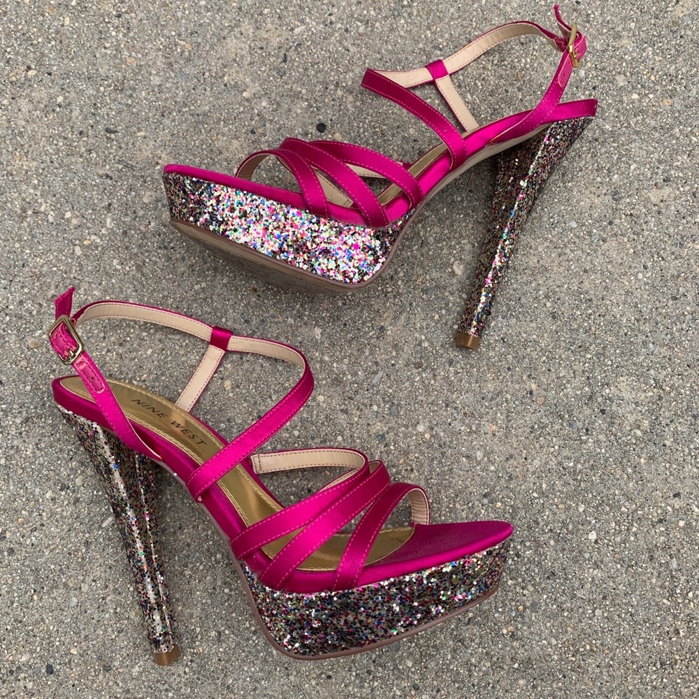 Nine West Pink Satin Glitter Heel Stilettos Size 6